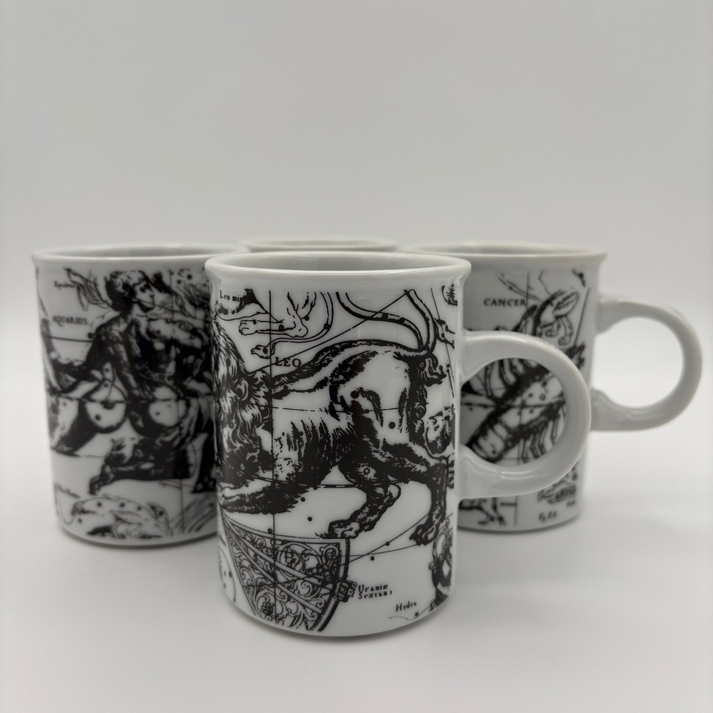 Set of Four Black and White Zodiac Mugs